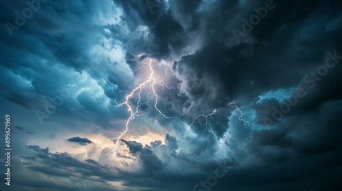 Lightning strikes illuminate the dark cloudy sky in a dramatic display of nature's power. Flashes of light cut through the darkness, creating an atmospheric and electrifying scene photo