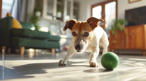 Dog enthusiastically plays with a green ball. Joy and cheerfulness of the dog