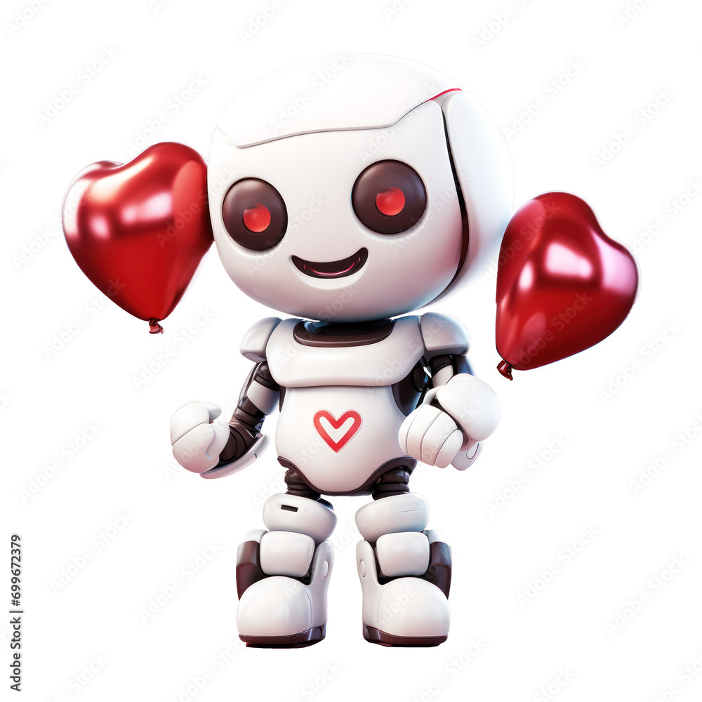3d Robot Artificial Intelligence with love heart, AI in science and business, Technology, engineering and Valentine's Day special concept. Isolated png transparent 3d Robot Artificial Intelligence with love heart, AI in science and business, Technology, engineering and Valentine's Day special concept. Isolated png transparent