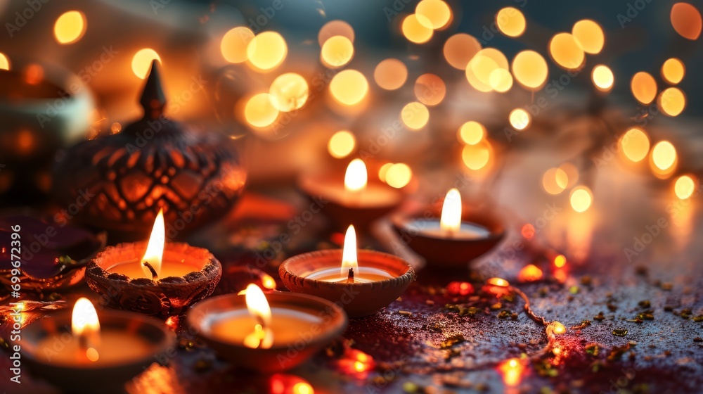 Diwali festival of lights background. Illuminated oil lamps, decorative candles. Victory of light over darkness. Festive and warm atmosphere