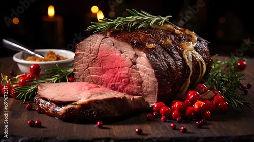 Christmas prime rib beef fillet roasted closeup, Xmas menu on table
