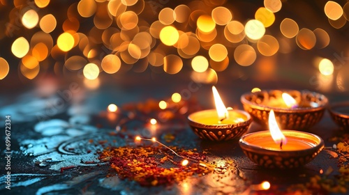 Diwali festival of lights background. Illuminated oil lamps, decorative candles. Victory of light over darkness. Festive and warm atmosphere photo
