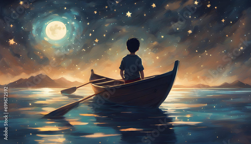 silhouette of a child in a boat with stars and moon