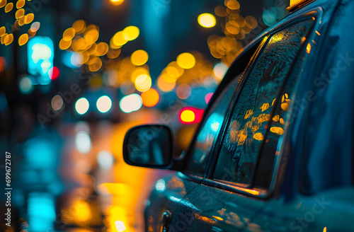 Gleaming City Nights: Close-Up of Raindrops on Taxi