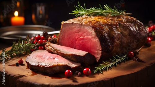 Christmas prime rib beef fillet roasted closeup, Xmas menu on table photo