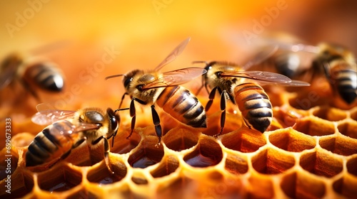 Close up view of bees working on honeycomb producing healthy honey copy space image