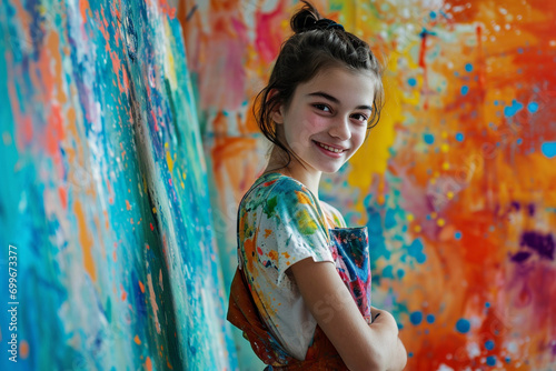 Artistic Expression - Creative young artists expressing themselves through colorful paintings and drawings, radiating joy and creativity against a vibrant background