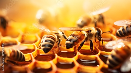 Close up view of bees working on honeycomb producing healthy honey copy space image
