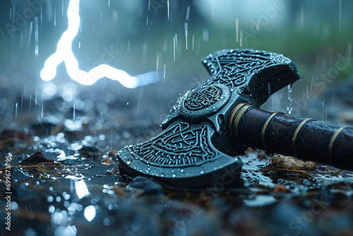 mjolnir with vikins with lightning photo