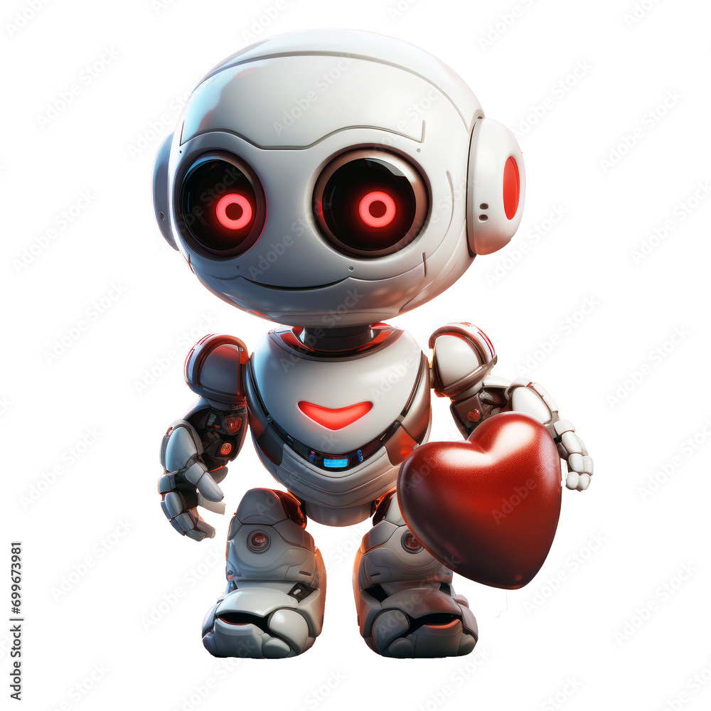 3d Robot Artificial Intelligence with love heart, AI in science and business, Technology, engineering and Valentine's Day special concept. Isolated png transparent