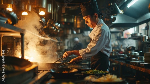 Asian chef is busy preparing food in restaurant kitchen. Chef's dedication, skill and passion for creating delicious dishes in a professional culinary environment