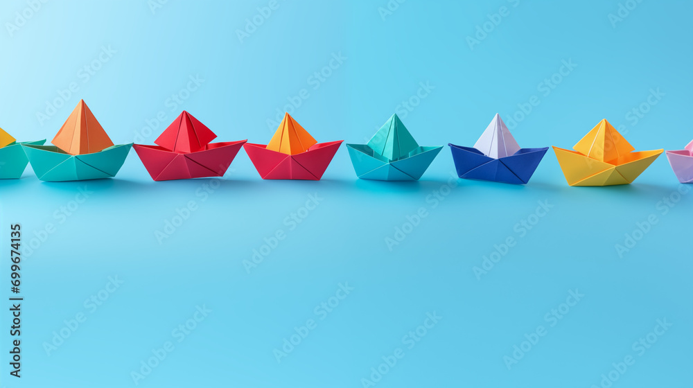 Set of colorful origami paper ships on blue background. Ai generated image.