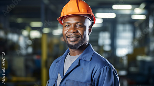 Portrait of African American industrial worker man with helmet standing in industry factory. 