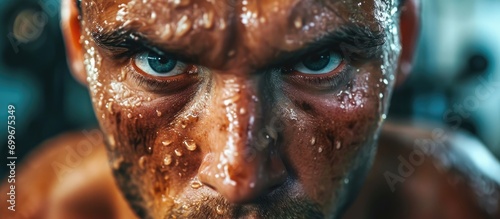 Fotografie, Obraz Sweaty face of a dedicated athlete at the gym with a fitness vision