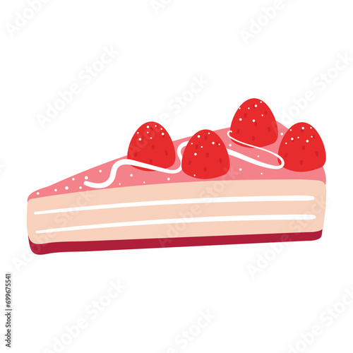 hand drawing cartoon cute cake slice with strawberry and toppings. cute dessert doodle