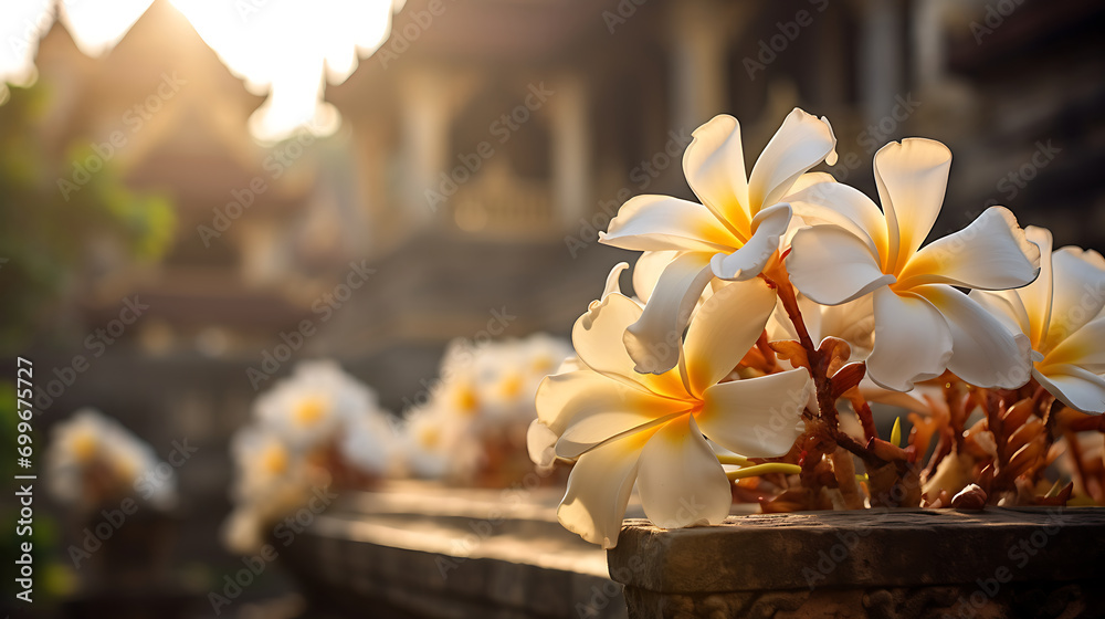 The timeless beauty of white Frangipani flowers gracing a historical temple, bathed in the warm hues of early morning sunlight. Generative Ai - obrazy, fototapety, plakaty 