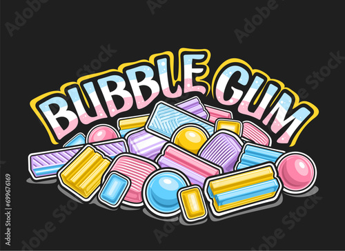 Vector logo for Bubble Gum, decorative horizontal poster with cartoon design vibrant bubblegums, bright heap of group many different bubblegums and menthol candies, text bubble gum on dark background