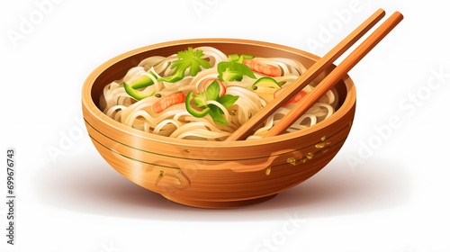 Noodles soup in wooden bowl isolated on transparent background