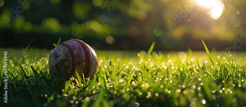Green grass with cricket ball. photo