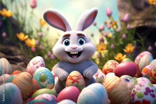 cute 3d smiling Happy Easter bunny with many colorful easter eggs
