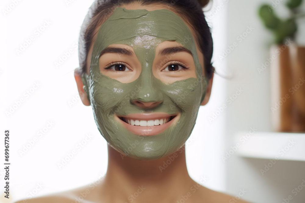 Young smiling woman with green beauty skin care face mask Young smiling woman with green beauty skin care face mask