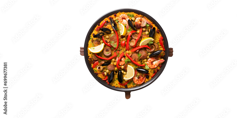 top view of typical seafood and rice spanish paella with mussels, prawns and pieces of lemon PNG on transparent background
