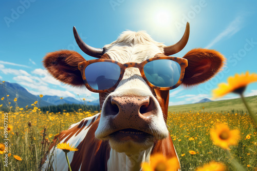 Cute cow in sunglasses on the meadow with daisies