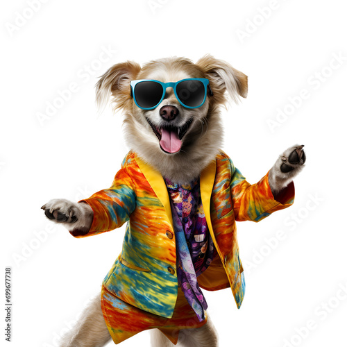 Vibrantly Attired Canine with Sunglasses Hits the Dance Floor, Anthropomorphic Animal Character, Isolated on Transparent Background, PNG © Only Best PNG's