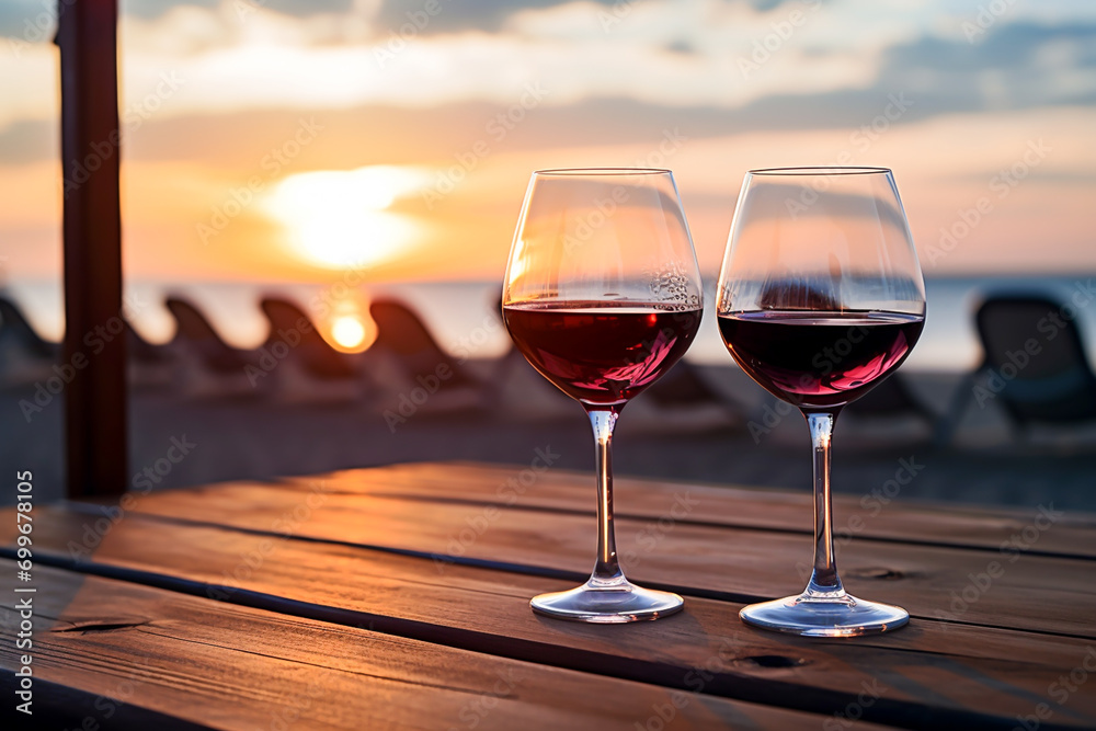 Two glasses of wine on a wooden table. Valentine's day background with copy space.