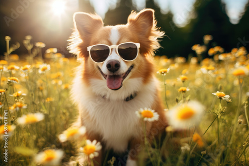 Cute dog in sunglasses on the meadow with daisies