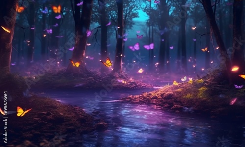 Glowing Beautiful Butterflies Dark Forest Near River Nature © Brian