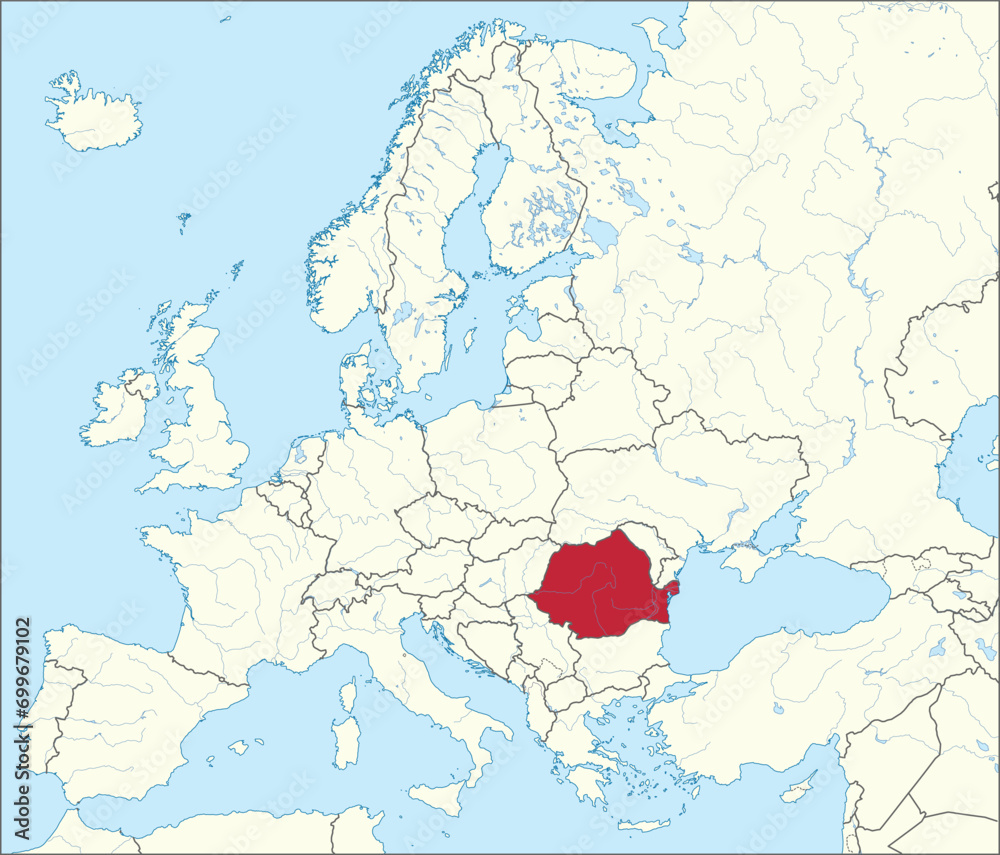 Obraz premium Red CMYK national map of ROMANIA inside detailed beige blank political map of European continent with rivers and lakes on blue background using Mercator projection