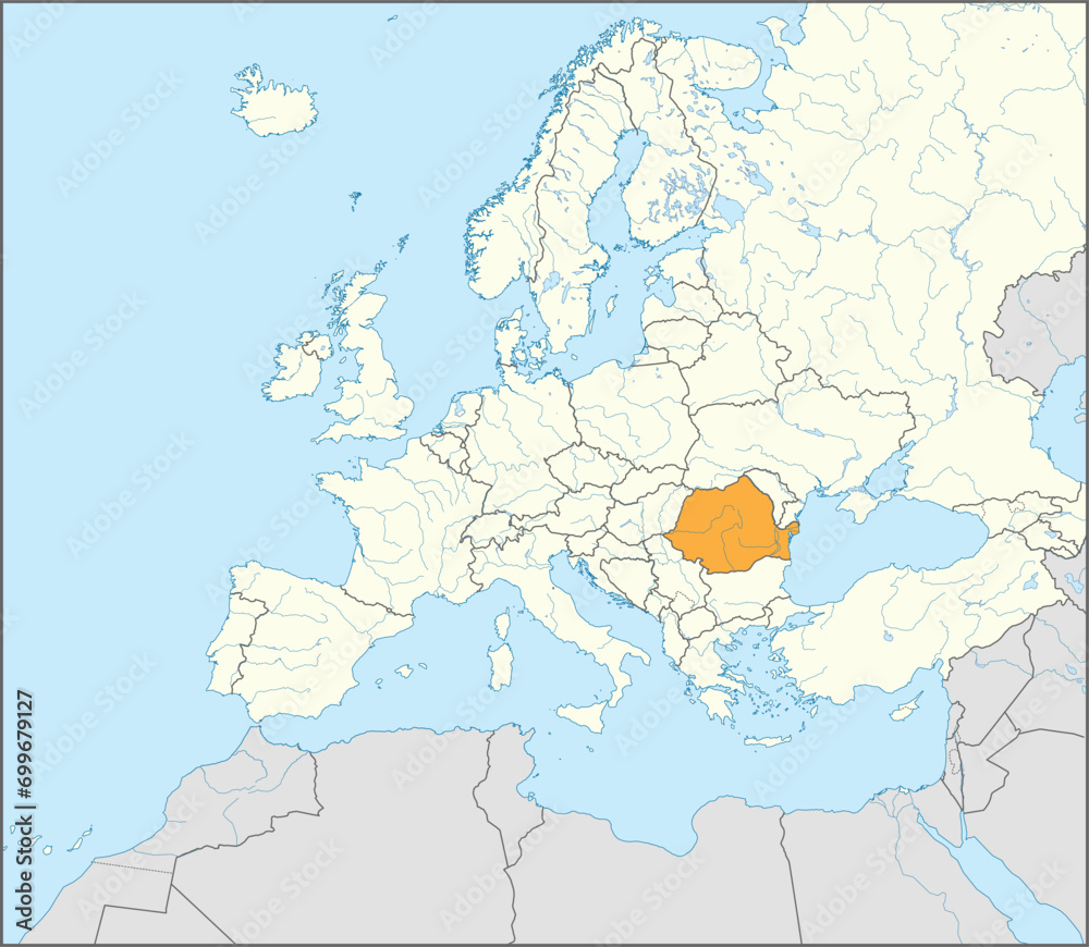 Obraz premium Orange CMYK national map of ROMANIA inside detailed beige blank political map of European continent with rivers and lakes on blue background using Mercator projection