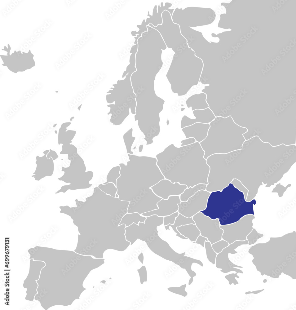 Blue CMYK national map of ROMANIA inside simplified gray blank political map of European continent on transparent background using Mercator projection