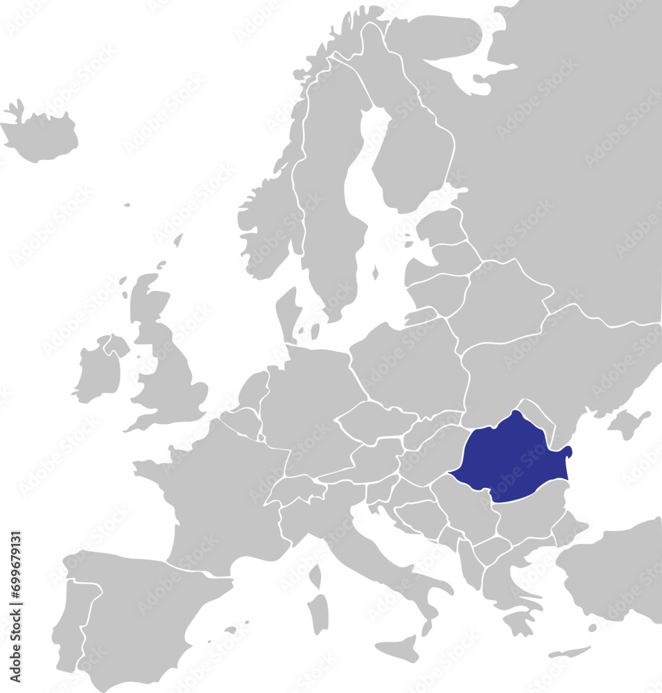 Obraz premium Blue CMYK national map of ROMANIA inside simplified gray blank political map of European continent on transparent background using Mercator projection