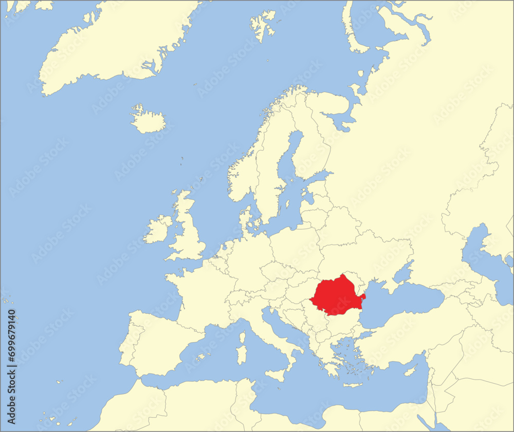 Fototapeta premium Red CMYK national map of ROMANIA inside detailed beige blank political map of European continent on blue background using Mollweide projection
