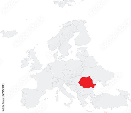 Red CMYK national map of ROMANIA inside gray blank political map of European continent on transparent background using Robinson projection