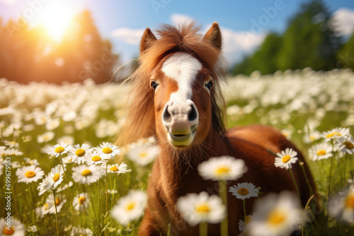 Cute horse on the meadow with daisies photo