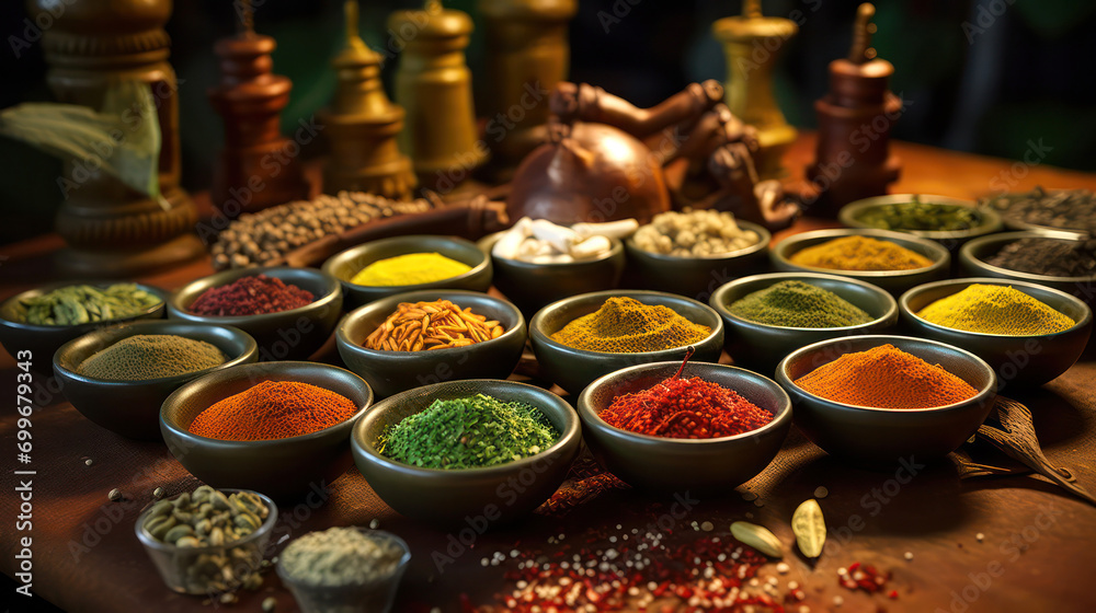 Spice Medley, Bowls Brimming with an Array of Herbs and Spices for Culinary Delight. Spice Medley, Bowls Brimming with an Array of Herbs and Spices for Culinary Delight.
