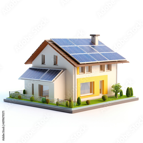 Green Living Concept, House Model with Separate Solar Panels Isolated on White. © pkproject