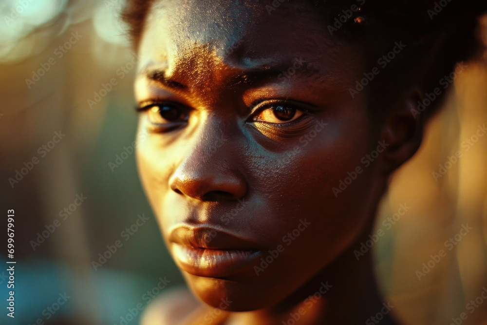 portrait of beautiful african american poc-woman with dark skin looking thoughtful sad stressed for mental health depression therapy in magazine fashion beauty editorial portra film look