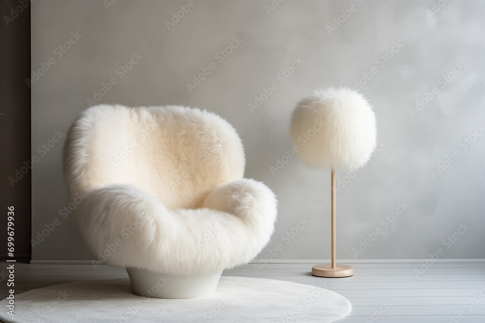 Interior setup with a white fur armchair positioned near a wall and floor lamp Interior setup with a white fur armchair positioned near a wall and floor lamp