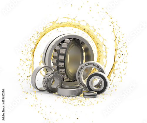 Set of various roller bearing isolated on transparent background with oil splash. Ball bearing stainless with grease