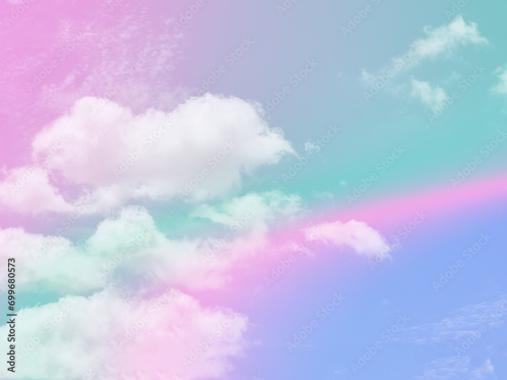 beauty sweet pastel green and pink colorful with fluffy clouds on sky. multi color rainbow image. abstract fantasy growing light