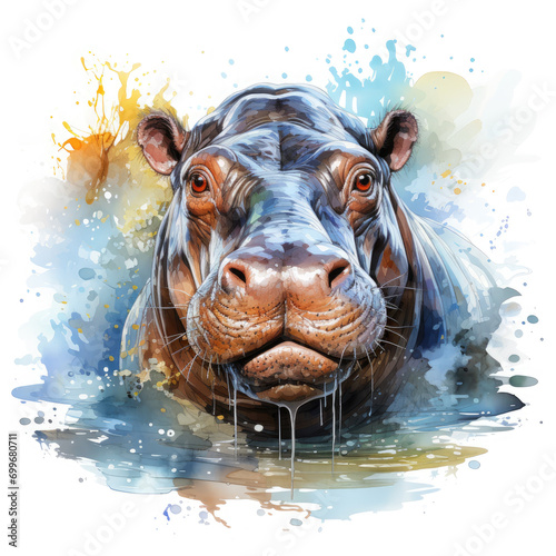Watercolor colorful Hippopotamus Illustration, Generative Ai © Shopna Art