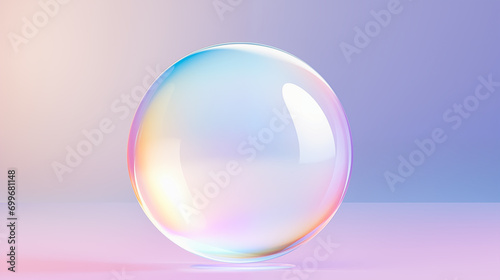 A large, clear, and reflective sphere centered against a gradient background. The smooth and glossy sphere exhibits a range of colors including blue, pink, and yellow due to the light reflections. 