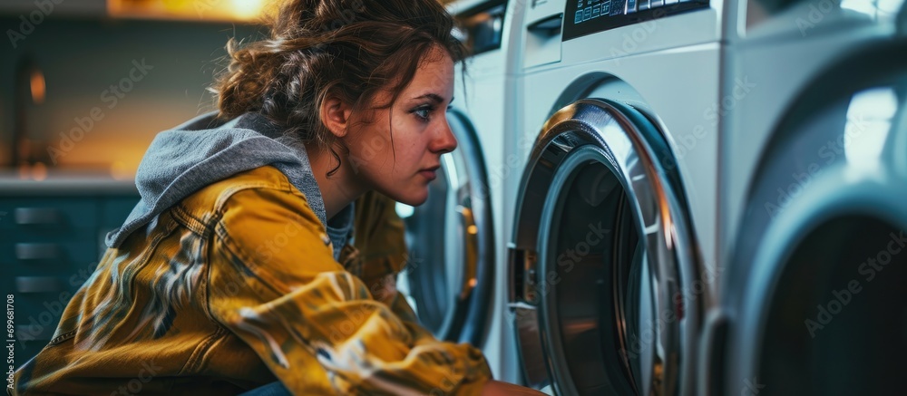 Woman using manual to learn how to fix washing machine problems. - obrazy, fototapety, plakaty 
