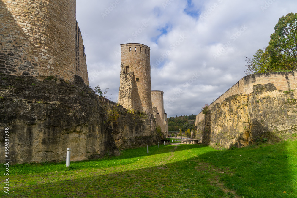 View to walls and tower of the Rham plateau in the city Luxembourg
