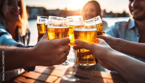 Group of people drinking beer at brewery pub restaurant , Happy friends enjoying happy hour sitting at bar table , Closeup image of brew glasses , Food and beverage lifestyle photo