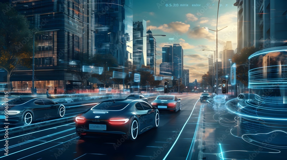 Visualization of the interaction of self-driving autonomous vehicles. Robotic cars are controlled by AI, driving along a busy city avenue, scanning the road with sensors, exchanging information. - obrazy, fototapety, plakaty 